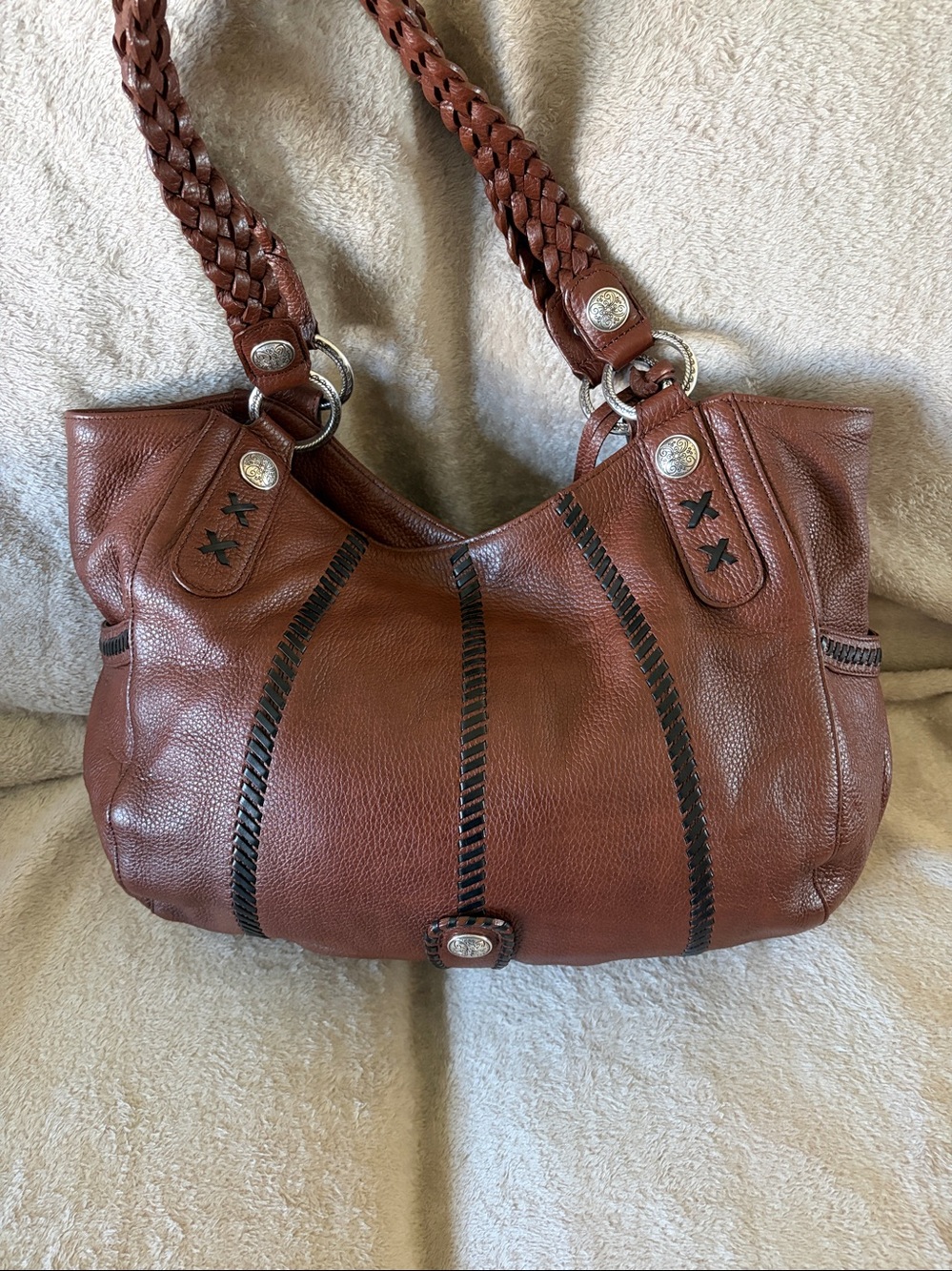 Vintage Brighton Braided Handle Brown Leather Shoulder Bag with Heart Charm - Picture 2 of 5